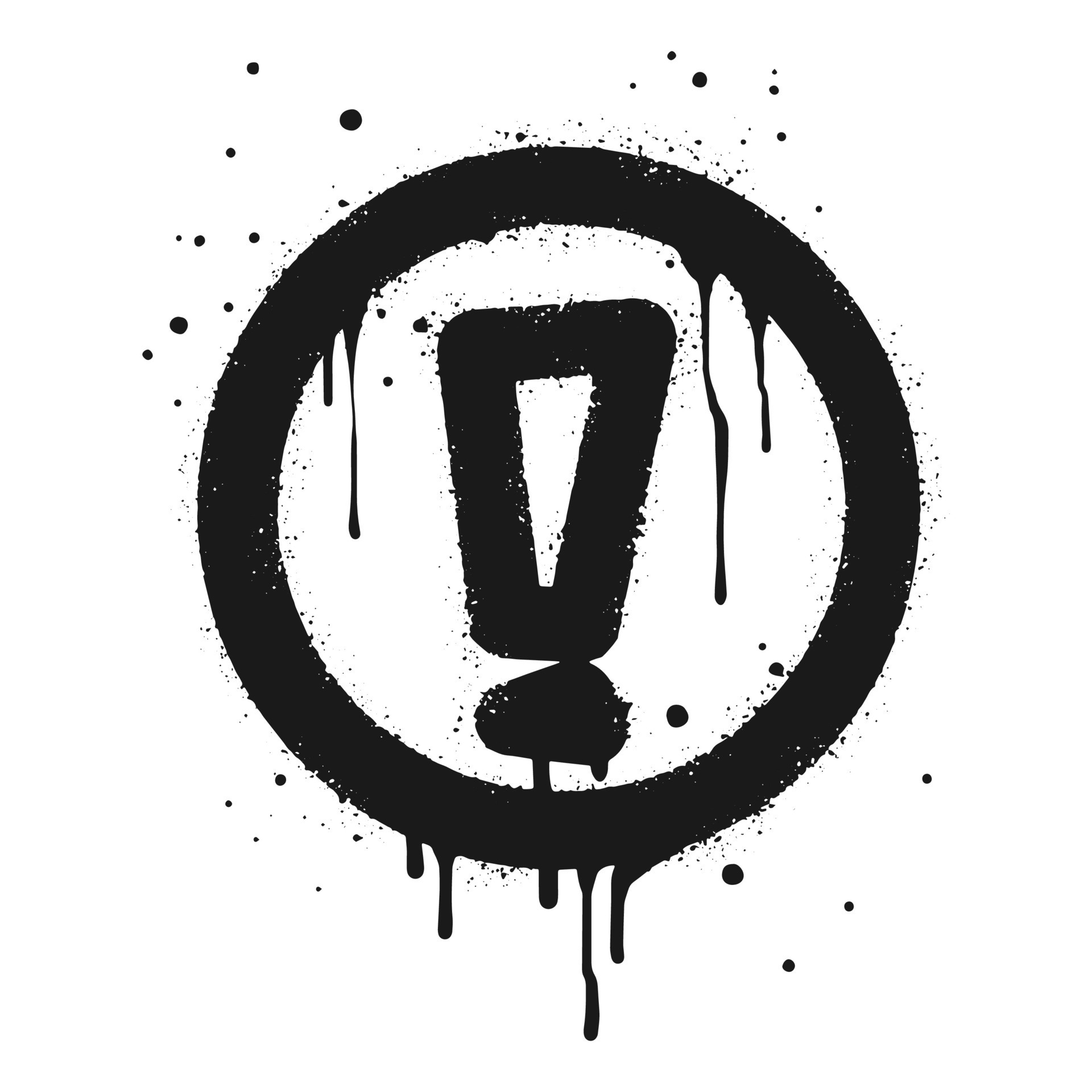 Spray painted graffiti exclamation mark in black over white. Hazard