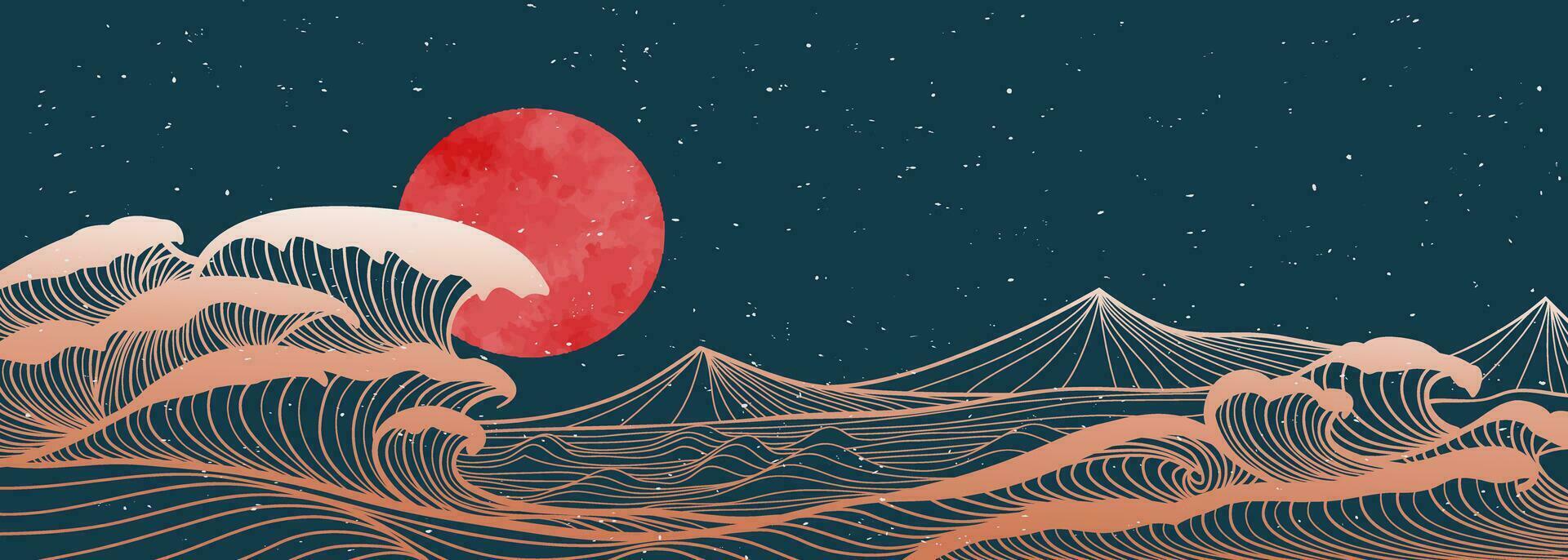 japonés Oceano ola y montañas paisaje. creativo minimalista moderno línea Arte impresión. con Oceano ola, colina y puesta de sol. vector ilustraciones