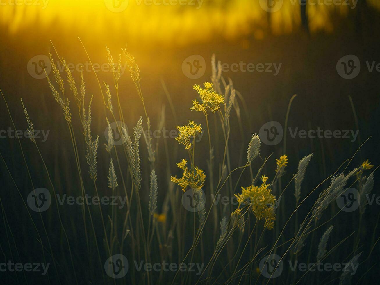 ai generado resumen suave atención puesta de sol campo paisaje de amarillo flores y césped prado calentar dorado hora puesta de sol amanecer tiempo. tranquilo primavera verano naturaleza de cerca y borroso bosque antecedentes. foto