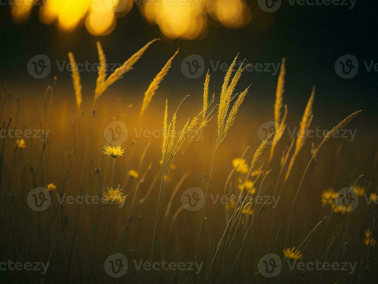 ai generado resumen suave atención puesta de sol campo paisaje de amarillo flores y césped prado calentar dorado hora puesta de sol amanecer tiempo. tranquilo primavera verano naturaleza de cerca y borroso bosque antecedentes. foto