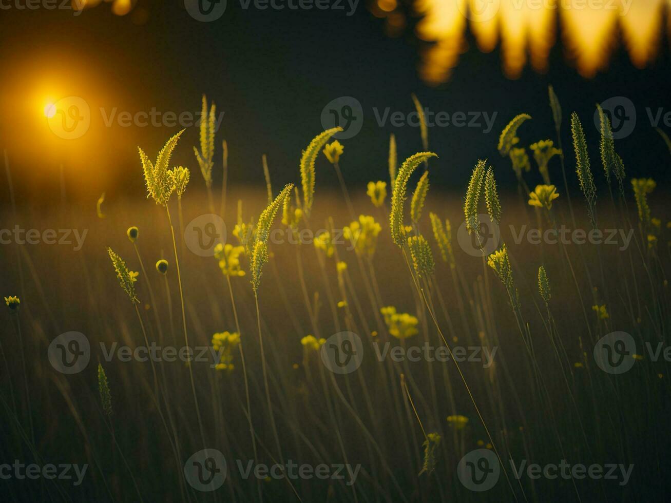 AI generated Abstract soft focus sunset field landscape of yellow flowers and grass meadow warm golden hour sunset sunrise time. Tranquil spring summer nature closeup and blurred forest background. photo