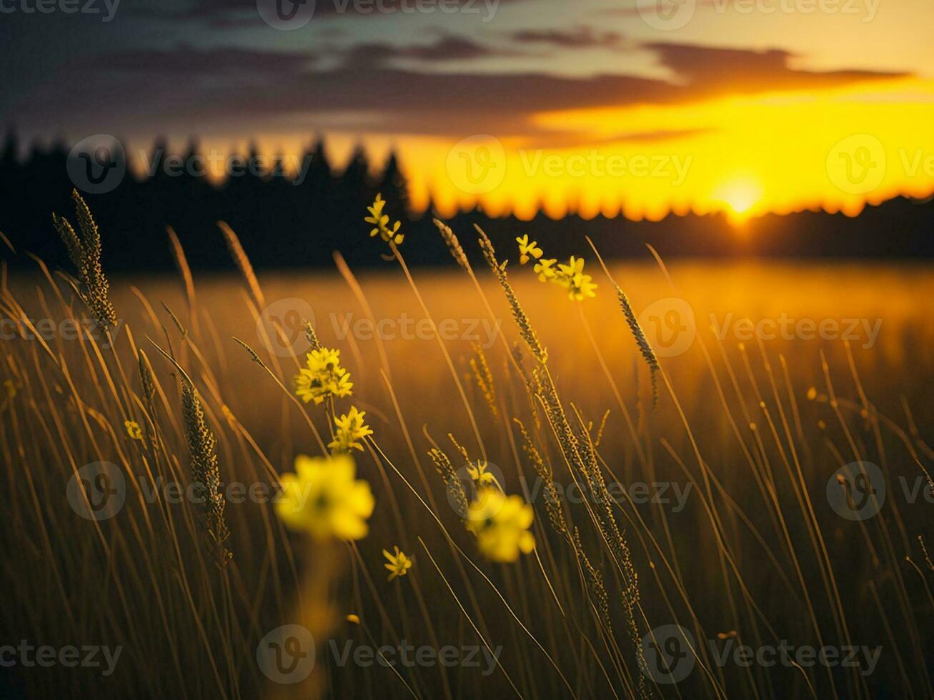 ai generado resumen suave atención puesta de sol campo paisaje de amarillo flores y césped prado calentar dorado hora puesta de sol amanecer tiempo. tranquilo primavera verano naturaleza de cerca y borroso bosque antecedentes. foto