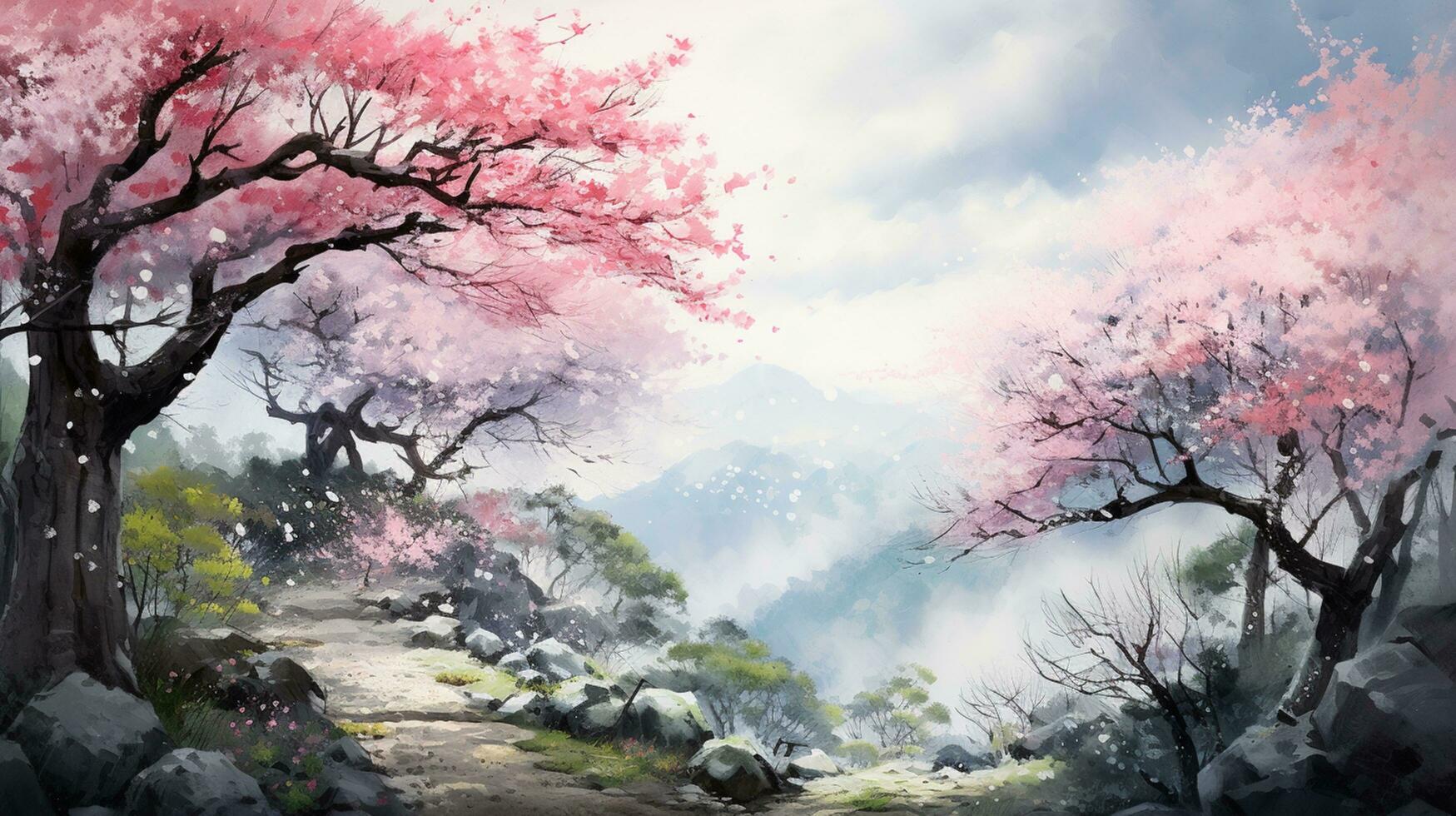 AI generated cherry blossom japanese style water color design background photo
