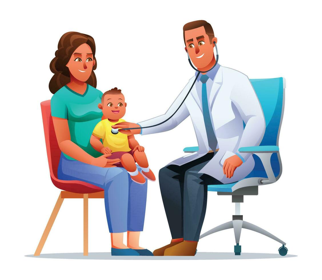 Doctor examining a little boy who sits on her mother's lap by stethoscope. Vector cartoon character illustration