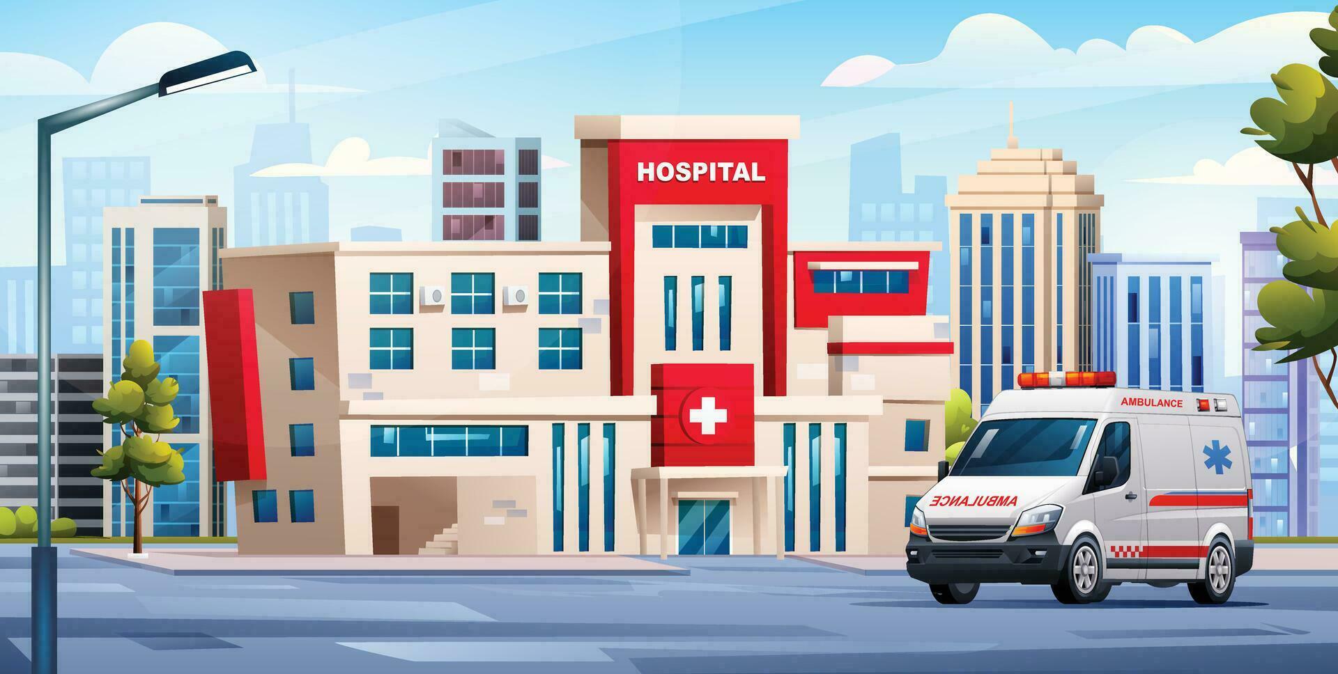 hospital edificio con ambulancia coche. médico concepto antecedentes paisaje ilustración vector
