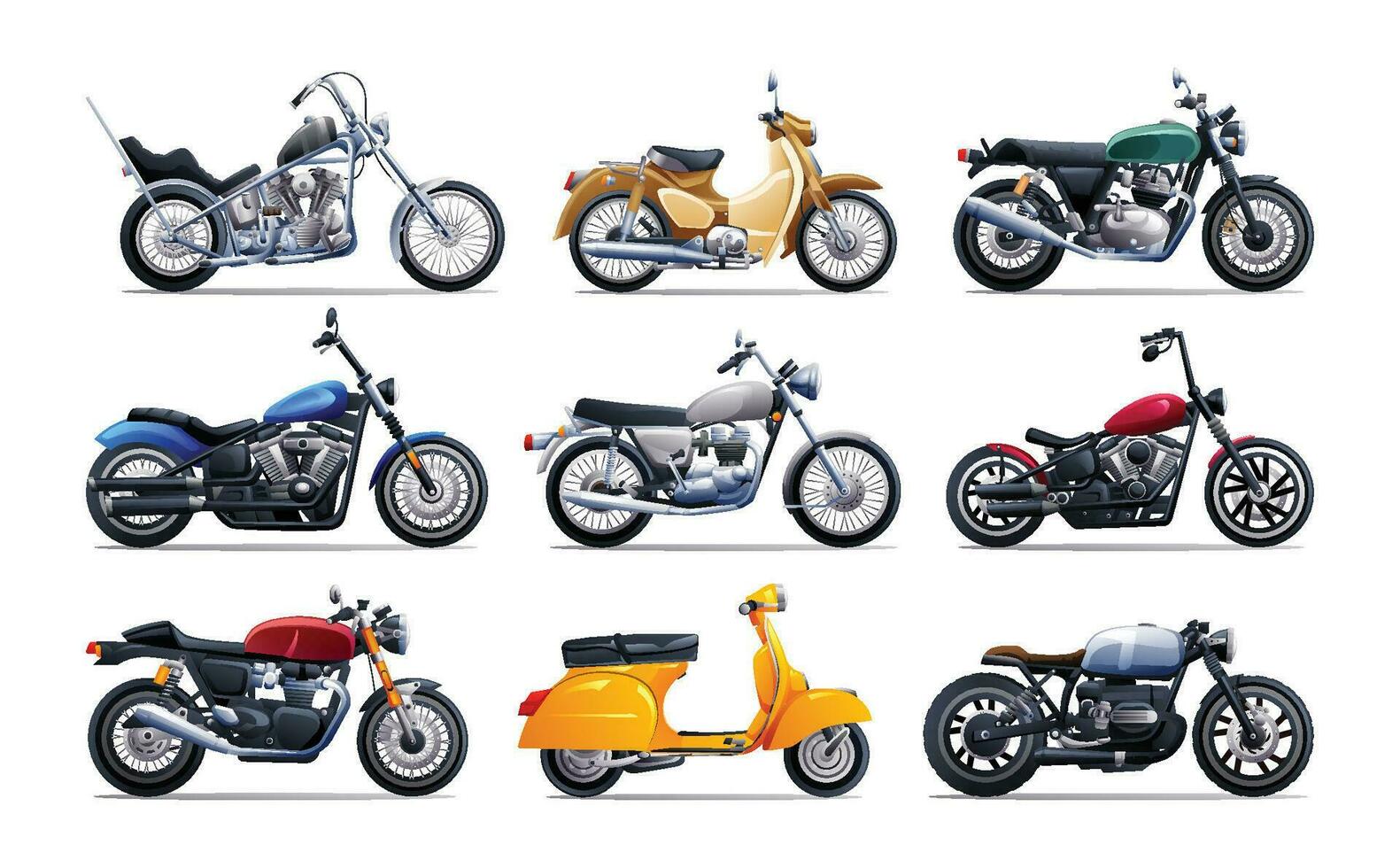 Set of classic motorcycles in various types. Vector cartoon illustration