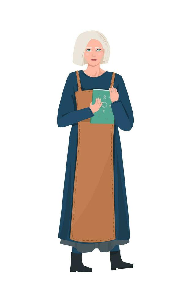 vector ilustración de un escandinavo niña con blanco pelo participación un libro con runas en su manos. disfraces de el del Norte pueblos de Europa. misticismo y adivinación.
