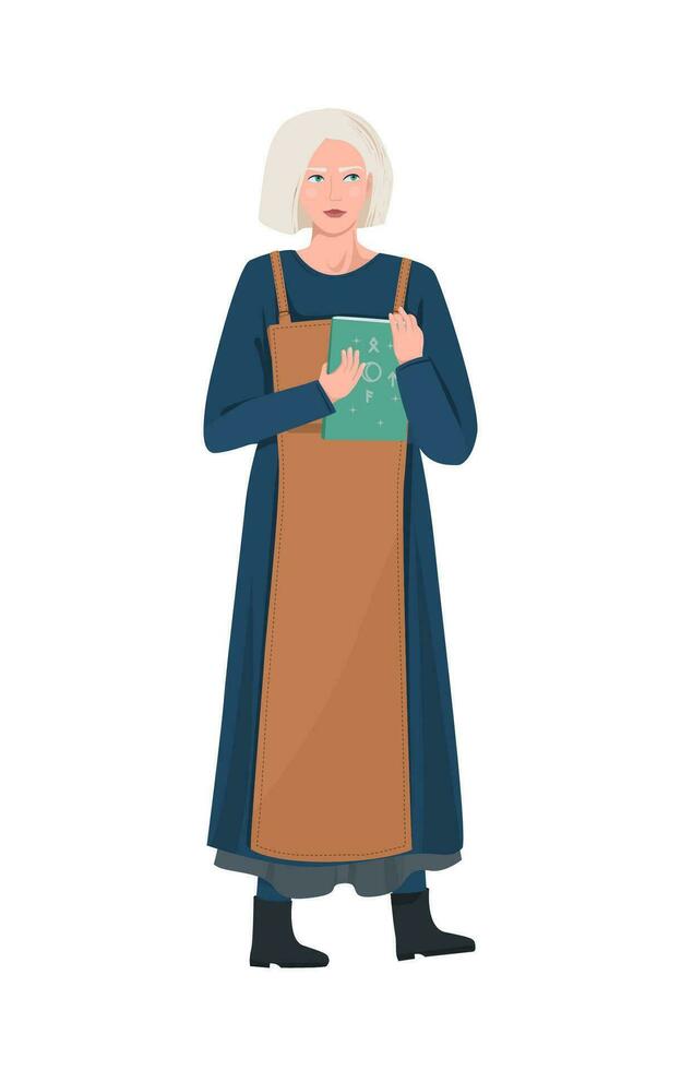 Vector illustration of a scandinavian girl with white hair holding a book with runes in her hands. Costumes of the northern peoples of Europe. Mysticism and fortune-telling.
