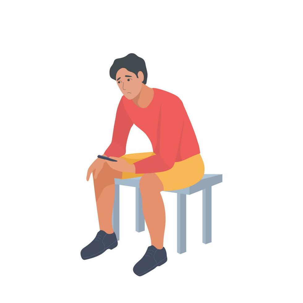 un hombre se sienta en un silla con un móvil teléfono en su manos. mensajes y negativo Noticias vector