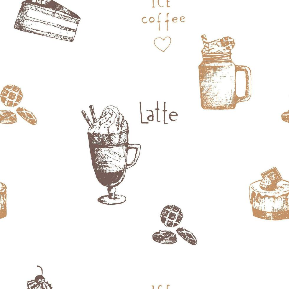 Coffee drinks latte, macchiato, iced coffee, cappuccino seamless pattern. Print for a coffee shop vector