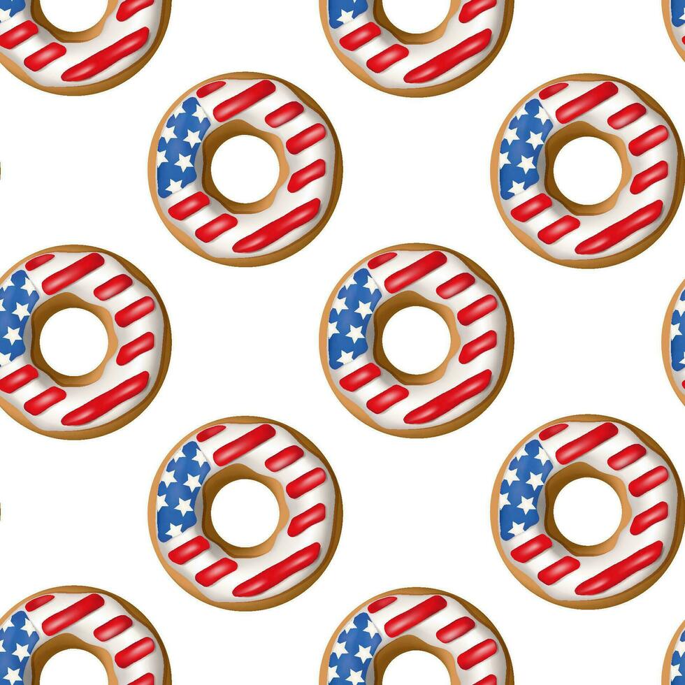 Seamless Independence Day pattern with donuts with American flag pattern in honor of 4th of July. Volumetric symmetrical 3D donuts vector