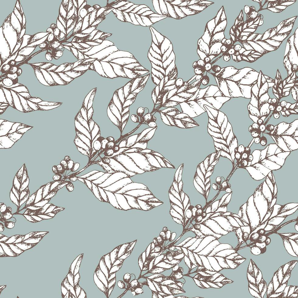 Coffee branches intertwined seamless pattern on pale blue. Coffee background print for packaging or coffee shop vector