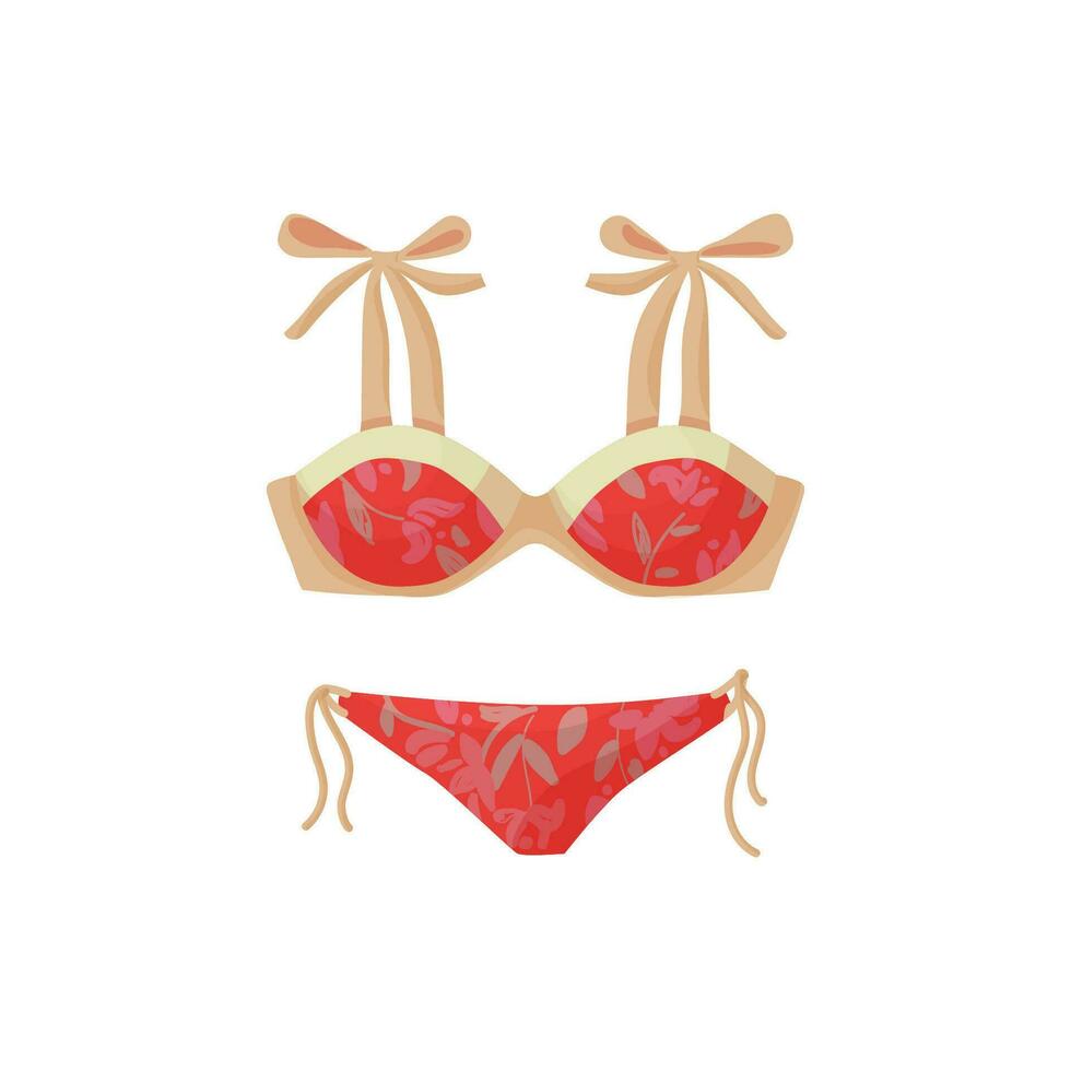 red floral female swimsuit. Bright summer separate bathing suit for a vacation on the sea and travel vector