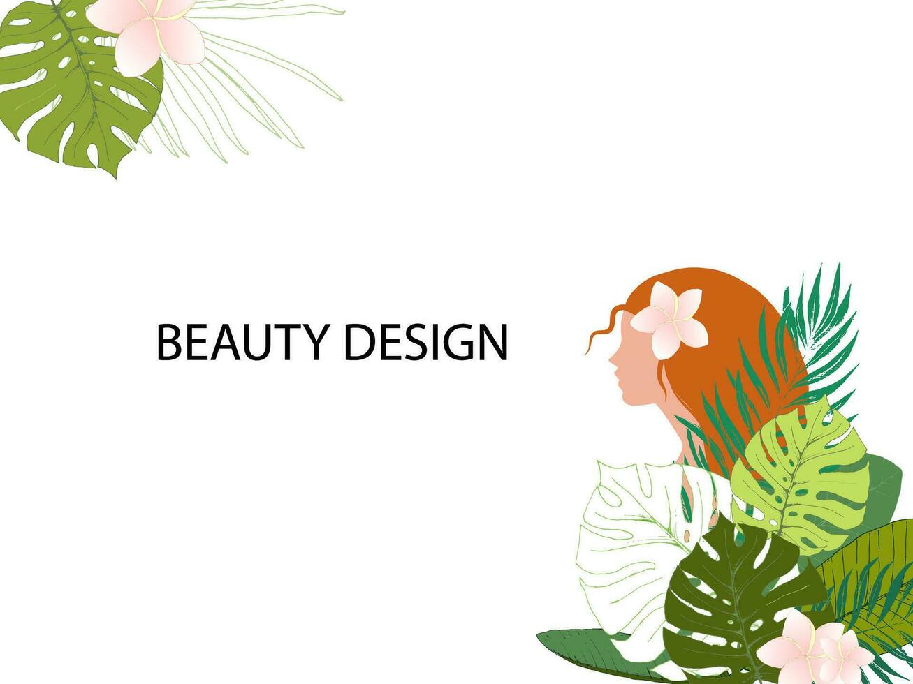 Eco and beauty card template. Profile of a girl with red hairs and tropical plants. Template for organic cosmetics. Monstera leaves, frangipani flowers. EPS8 vector illustration