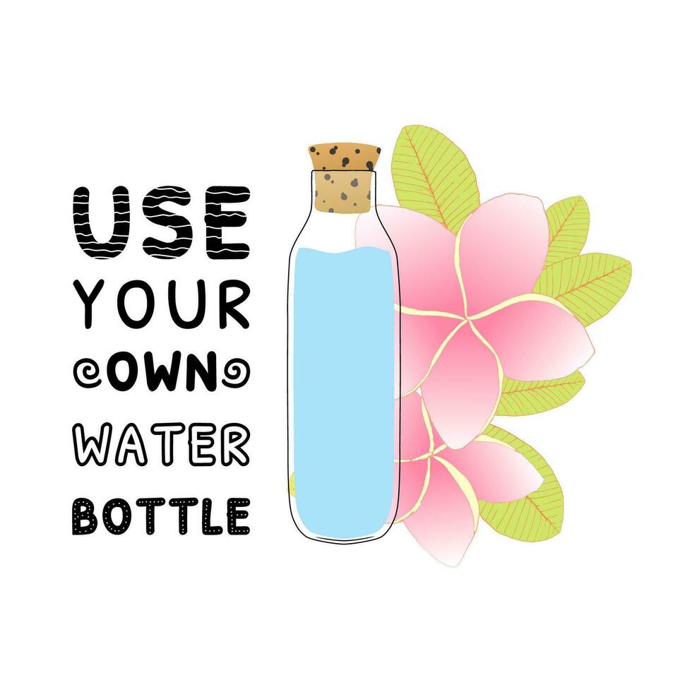 Use your own bottle and go to zero waste on the background of tropical leaves. Eco mind. No plastic bottle. Vector illustration.