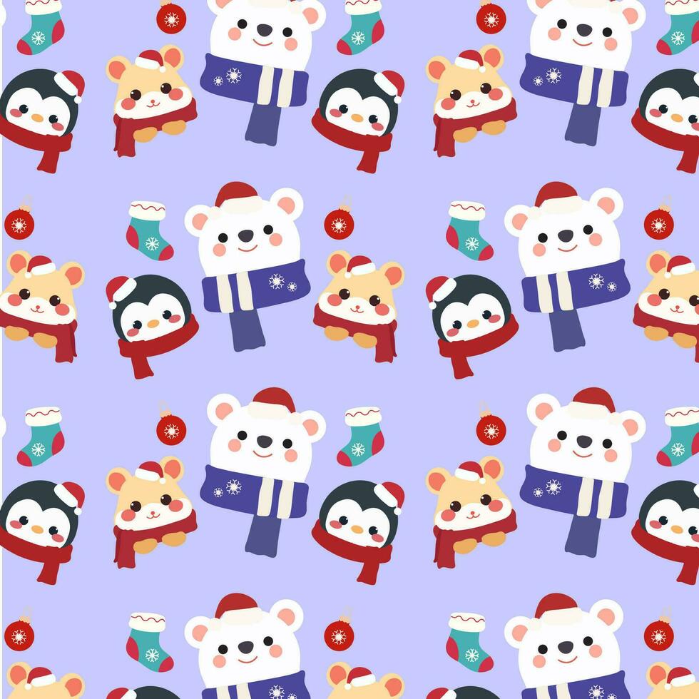 Cute pattern features cute hamsters, penguins, and polar bears on a purple background. vector