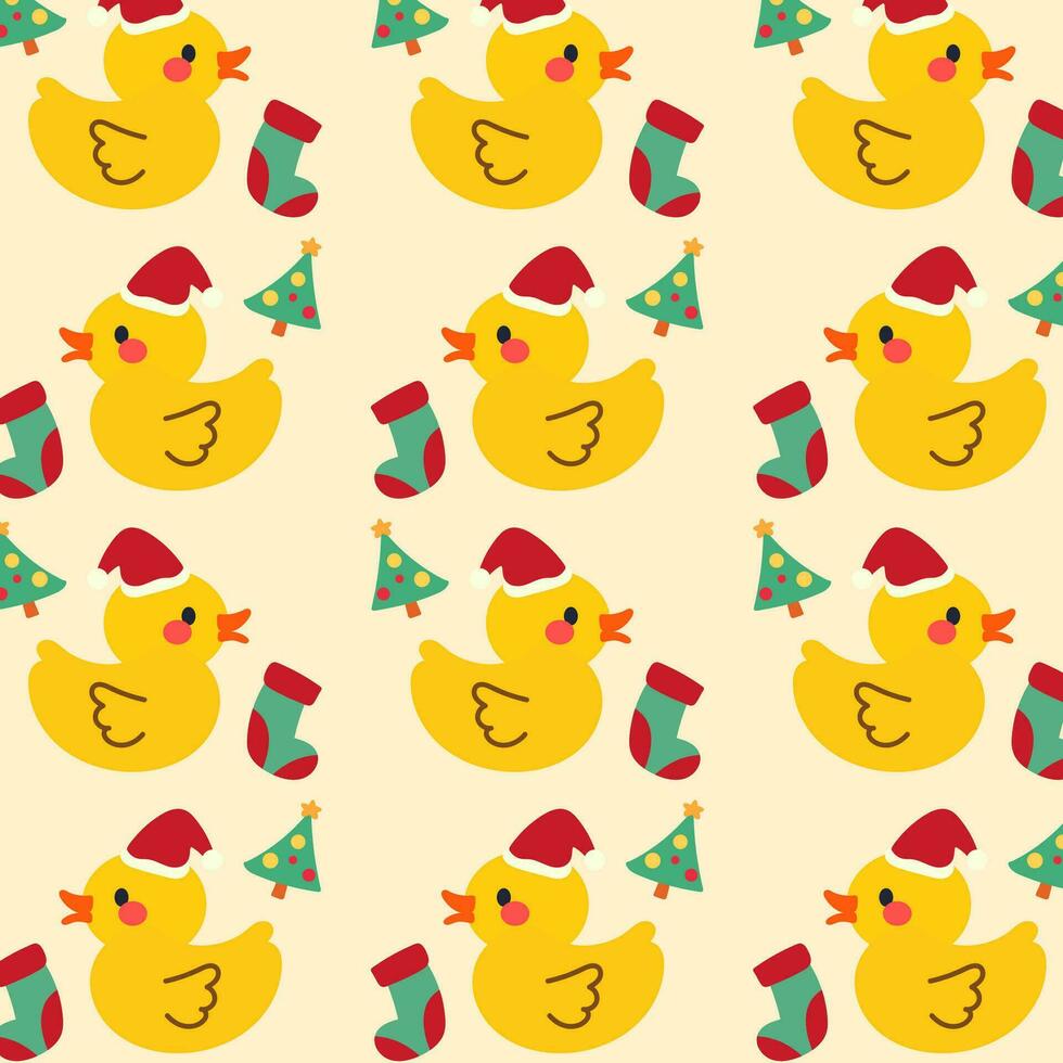 Cute christmas pattern features ducks, festive Christmas trees, and socks on a yellow background. vector