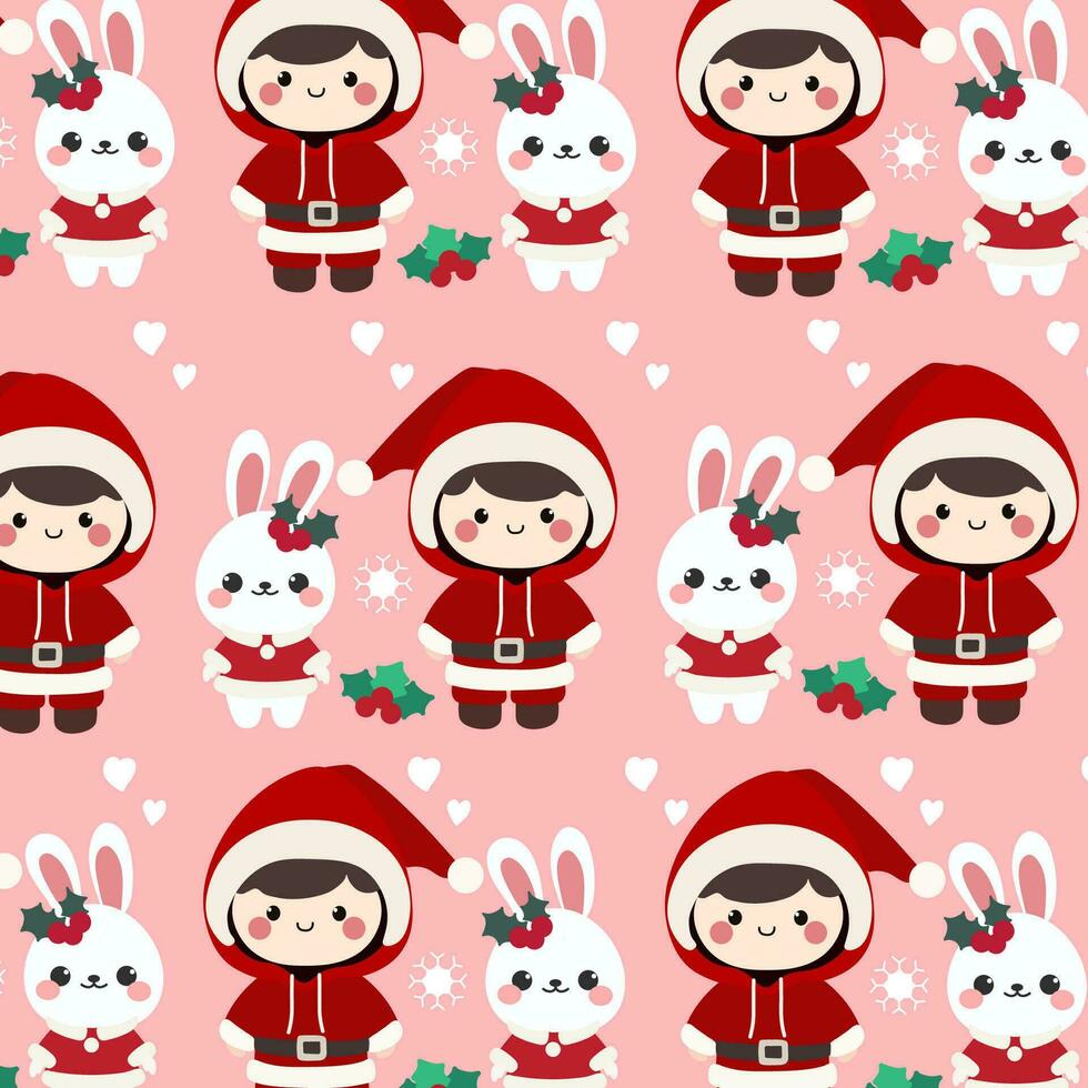 Christmas Boy and Bunny Pattern. Cute pattern features a cute Christmas boy, Christmas bunny, and snowflakes on a pink background. vector