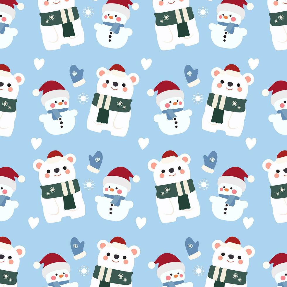 Cute pattern features cute snowman, polar bears, and gloves on a blue background. vector