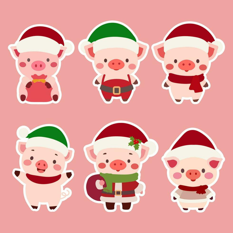 Adorable pig collection for christmas decoration.Set of cute pig isolated on pink background. Simple flat vector illustration christmas pig in hat.