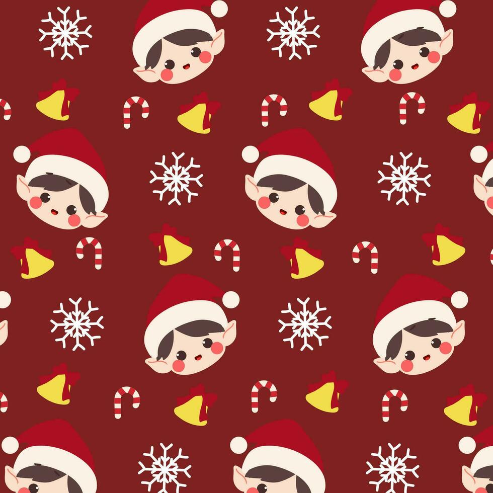 Cute Christmas Boy Pattern. Cute pattern features a cute Christmas boy with a hat, candy cane, and bell on a red background. vector