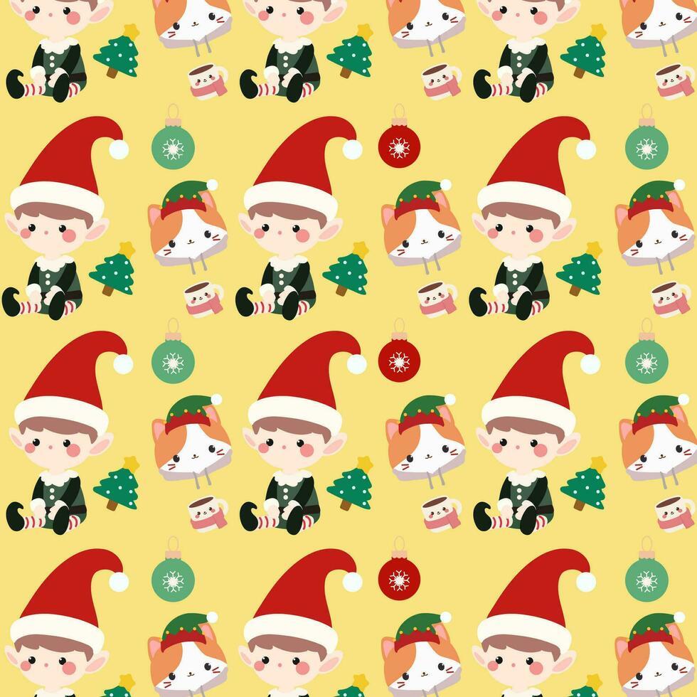 Navidad modelo caracteristicas un linda duende chico, un linda gato, y un Navidad árbol en un amarillo antecedentes. vector