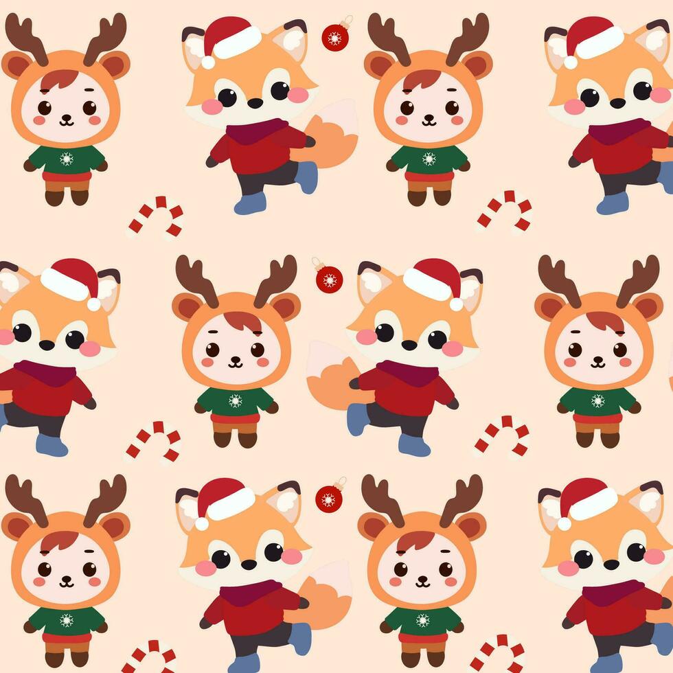 Cute christmas pattern features a playful fox, a reindeer, and candy cane on a background of soft colors. vector