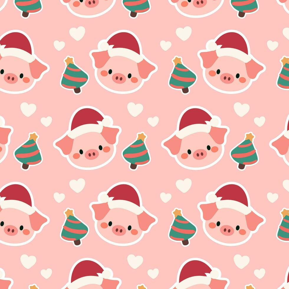 Cute christmas pattern features playful pink pigs, festive Christmas trees, and white heart on a soft pink background. vector