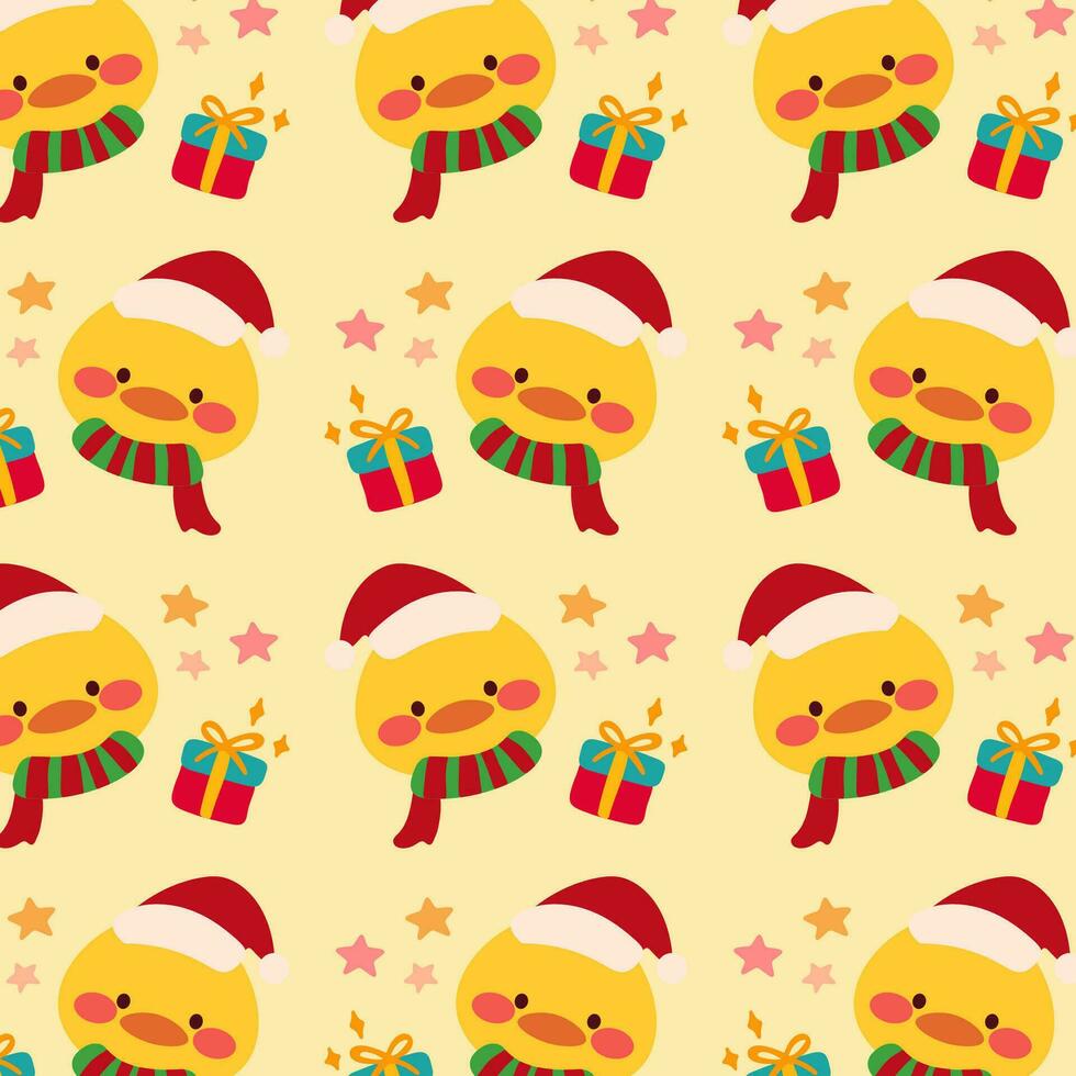 Cute christmas pattern features ducks, festive gift boxes, and star on a yellow background. vector