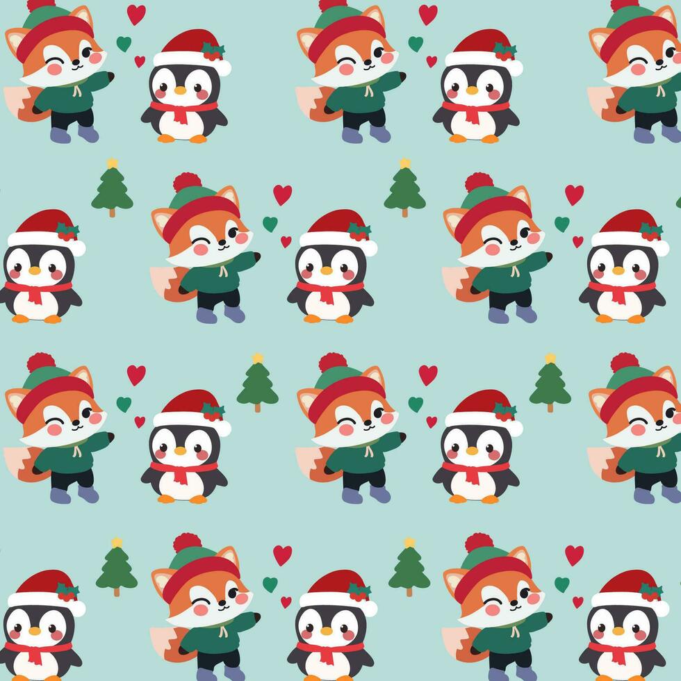 Cute christmas pattern features a playful fox, a penguin, and a festive Christmas tree on a blue background. vector