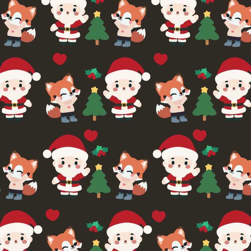 Cute Santa Christmas, Tree ,Fox Pattern. Cute christmas pattern features a Santa Claus, Christmas trees, and foxes on a dark background. vector