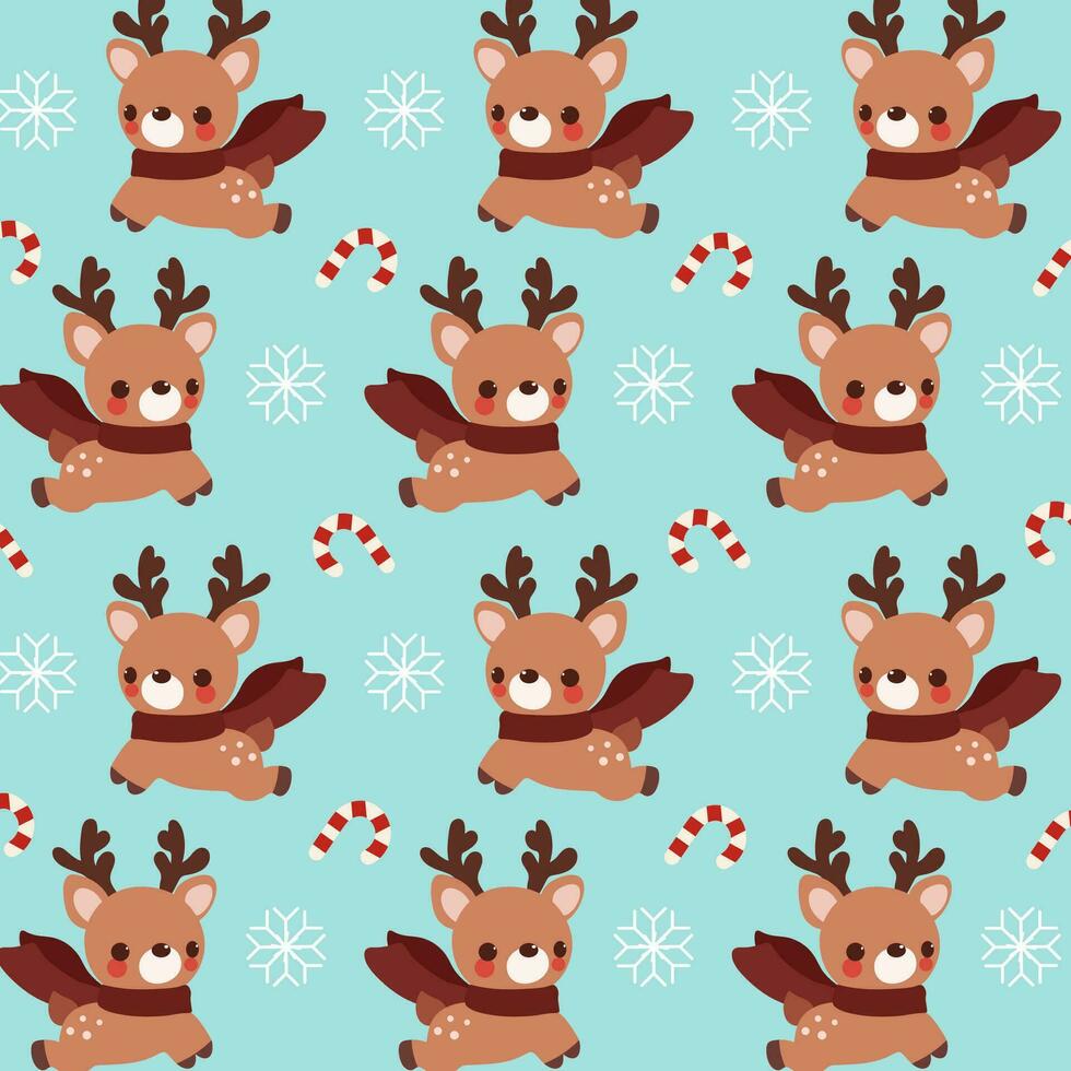 Cute Reindeer Snowflake Candy Cane Pattern. Cute pattern features cute reindeer, snowflakes, and candy canes on a blue background. vector