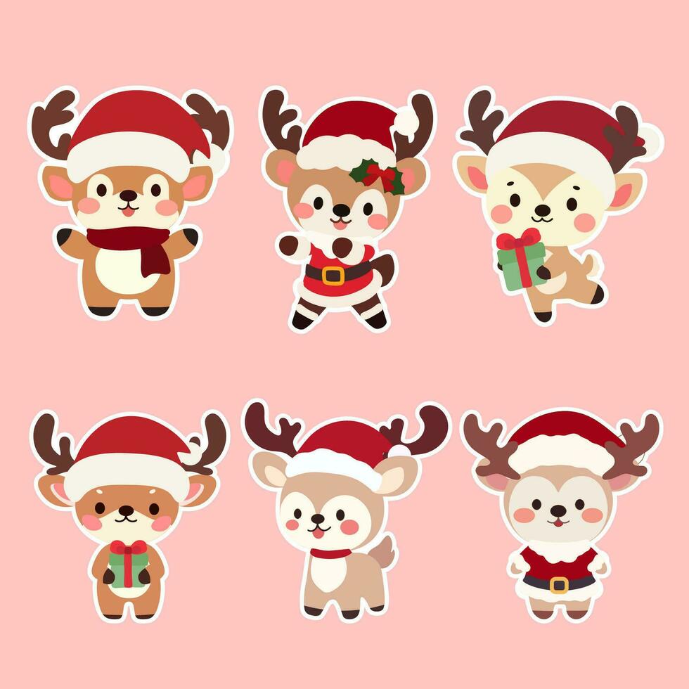 Adorable reindeer collection for christmas decoration. Set of cute reindeer isolated on pink background. Simple flat vector illustration christmas reindeer in hat.