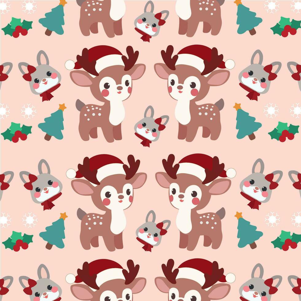 Cute christmas pattern features cute reindeer and Christmas bunnies on a pink background. vector