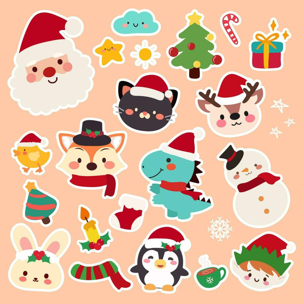 Cute Christmas Design Element Vector Illustration Set.Christmas set with colorful elements, Santa, deer, dino, cat, gifts, penguin,bunny,fox,snow man,duck, vector illustration in flat cartoon style.