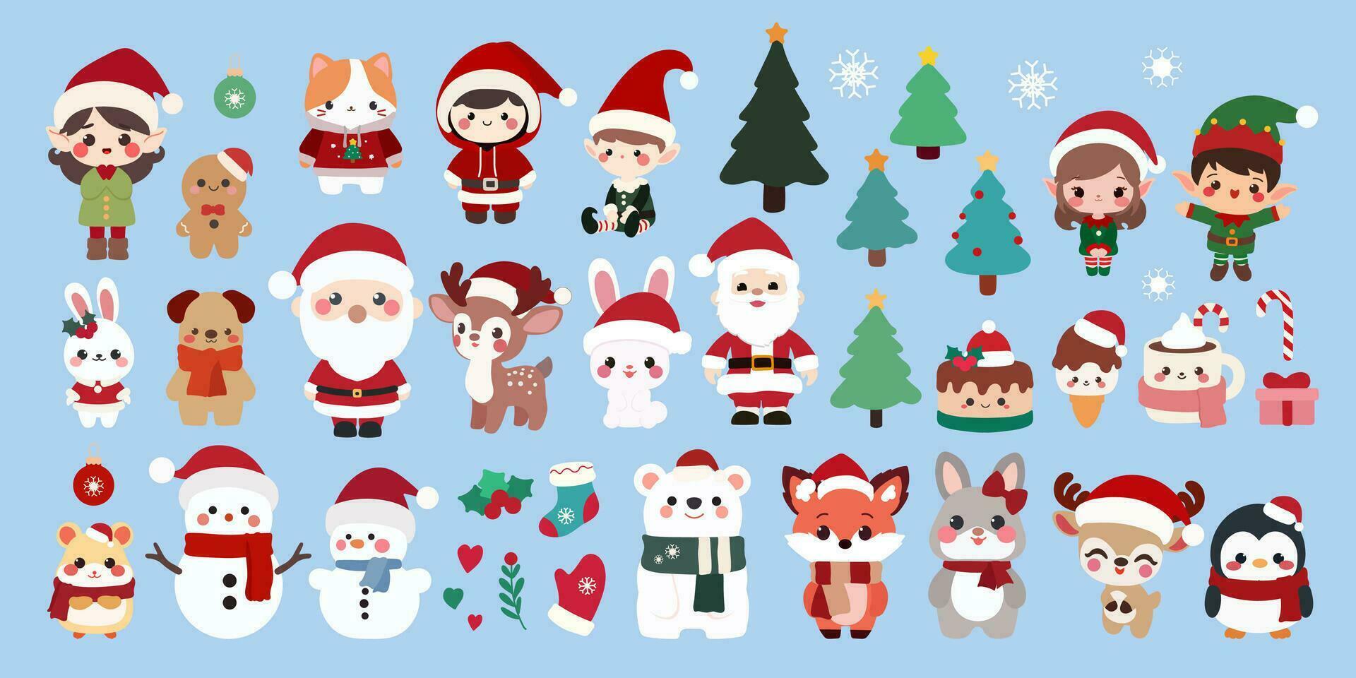 Christmas Animals Set.The set includes a variety of popular Christmas animals, including a reindeer, penguin, snowman, Santa Claus, elf, bunny, fox, and cat. vector