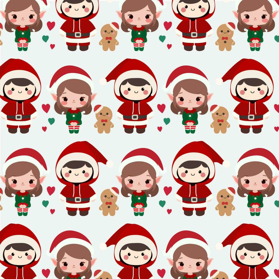 Cute christmas pattern features a cute elf girl, a cheerful boy, and a delicious-looking cookie man on a white background. vector