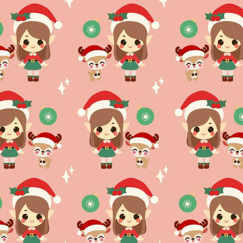 Adorable Santa Girl and Reindeer Pattern. Cute christmas pattern features an adorable Santa girl, a reindeer, and star on a soft pink background. vector