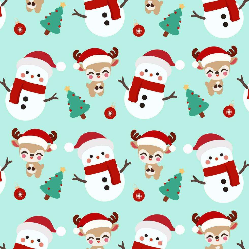 Christmas Snowman Reindeer Pattern. Cute christmas pattern features cute snowmen, Christmas trees, and reindeer on a green background. vector