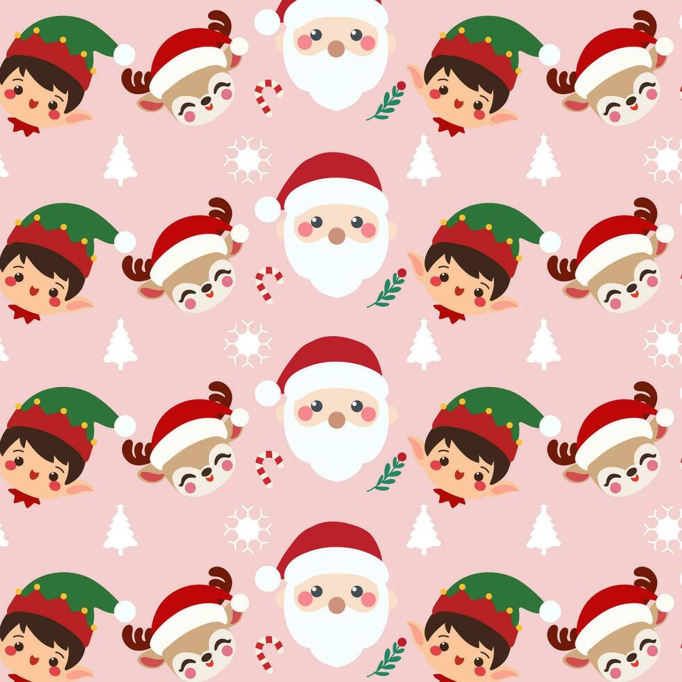 Christmas pattern features jolly Santa Claus, a cheerful elf boy, and reindeer on a bright pink background. vector