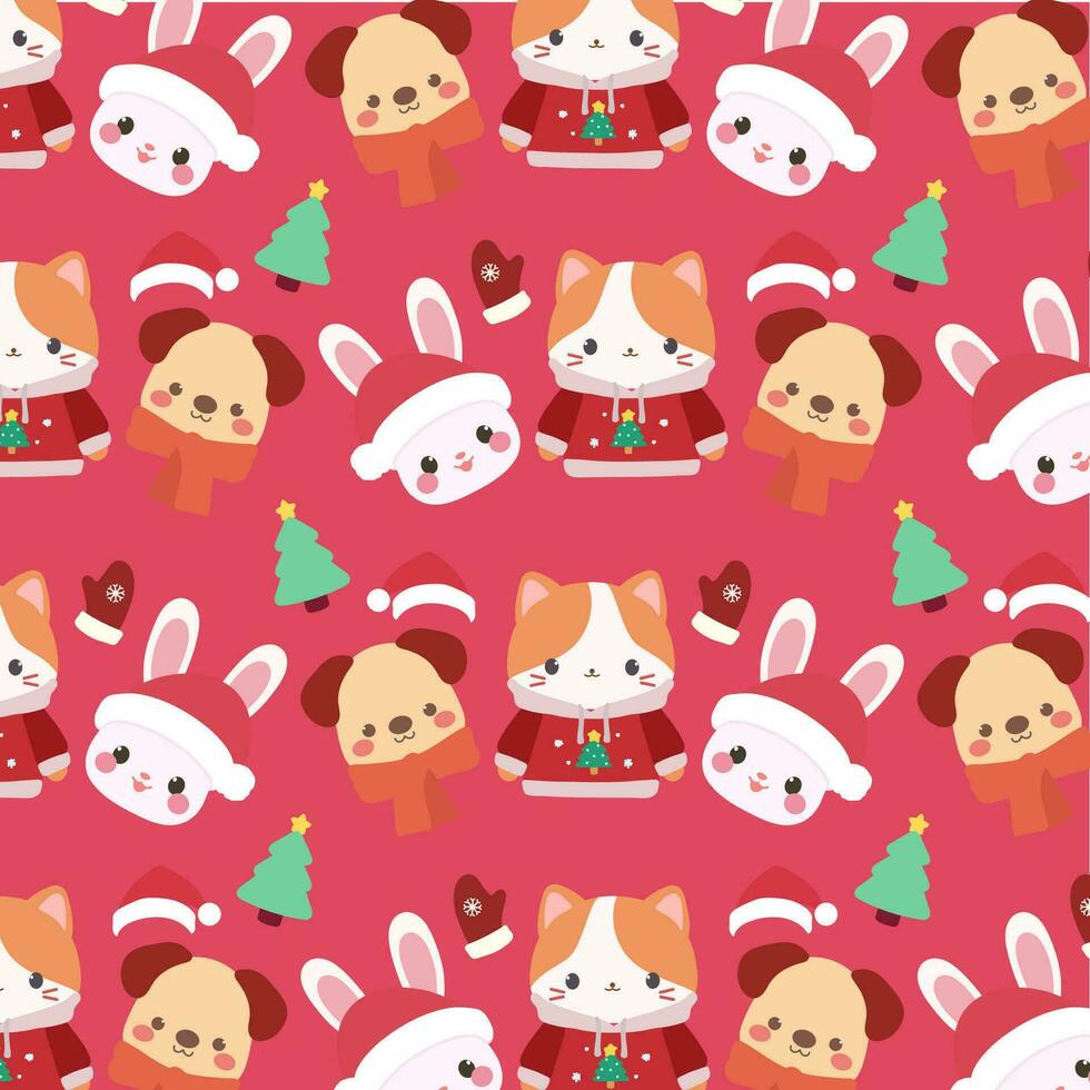 Christmas pattern features cute cats, bunnies, and puppies on a red background. vector