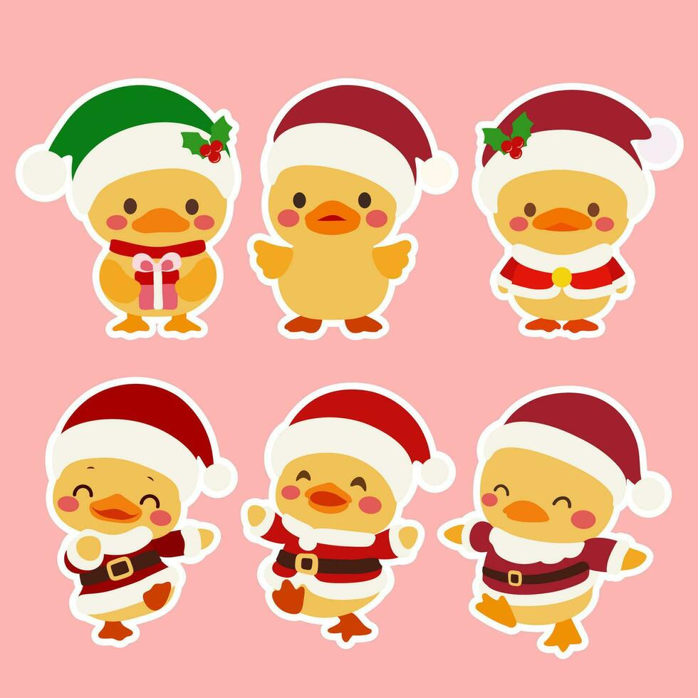 Adorable duck collection for christmas decoration.Set of cute duck isolated on pink background. Simple flat vector illustration christmas duck in hat.