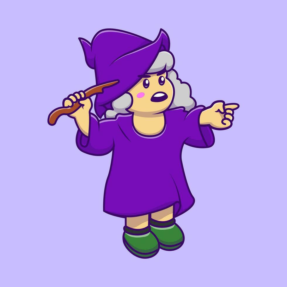 Cute Witch Girl Holding Magic Stick Cartoon Vector Icons Illustration. Flat Cartoon Concept. Suitable for any creative project.