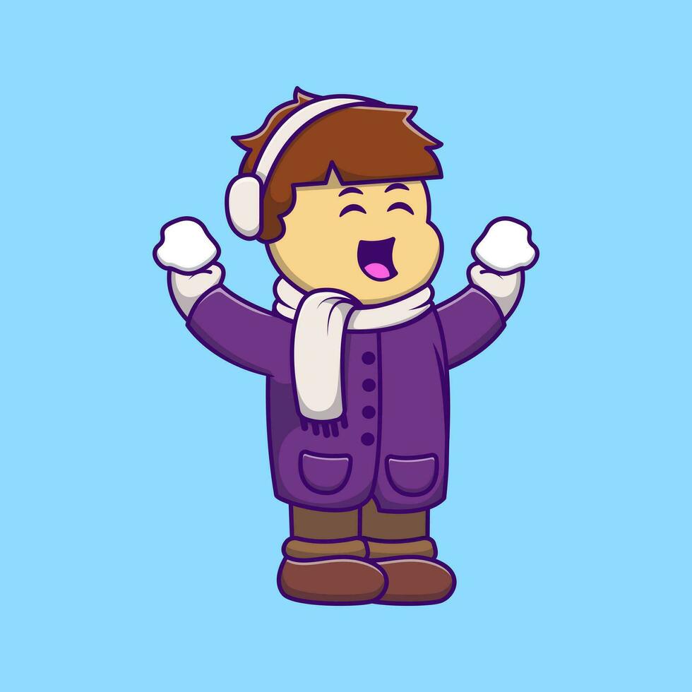 Cute Boy Holding Snow Cartoon Vector Icons Illustration. Flat Cartoon Concept. Suitable for any creative project.