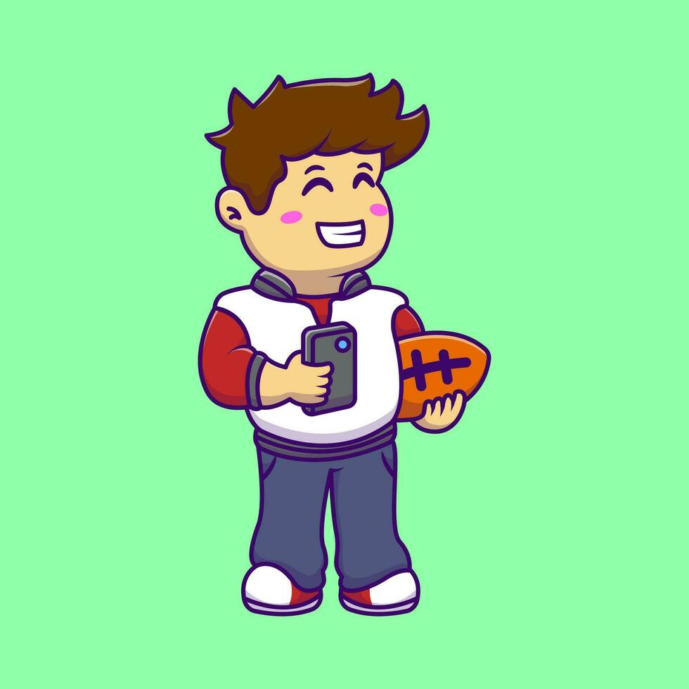 Cute Boy Holding Rugbye And Phone Cartoon Vector Icons Illustration. Flat Cartoon Concept. Suitable for any creative project.