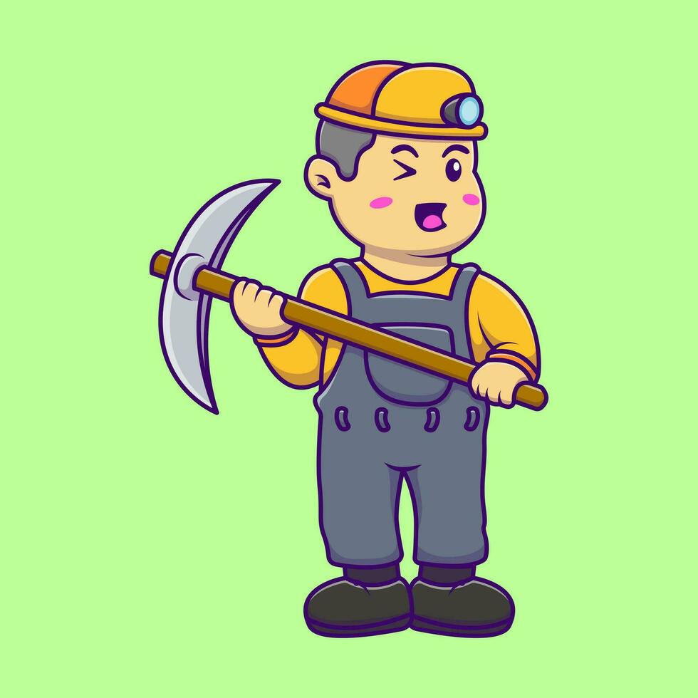 Cute Miner Boy Holding Pickaxe Cartoon Vector Icons Illustration. Flat Cartoon Concept. Suitable for any creative project.