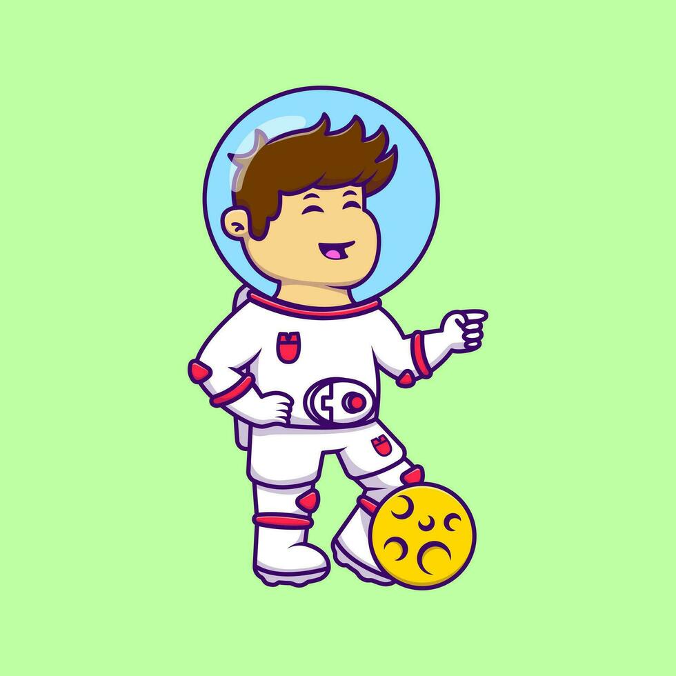 linda chico astronauta con Luna pelota dibujos animados vector íconos ilustración. plano dibujos animados concepto. adecuado para ninguna creativo proyecto.