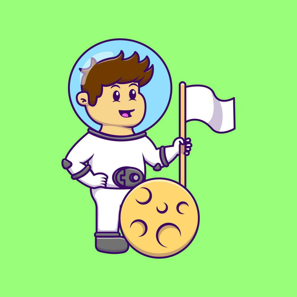 Young Astronaut Holding Flag With Moon Cartoon Vector Icons Illustration. Flat Cartoon Concept. Suitable for any creative project.