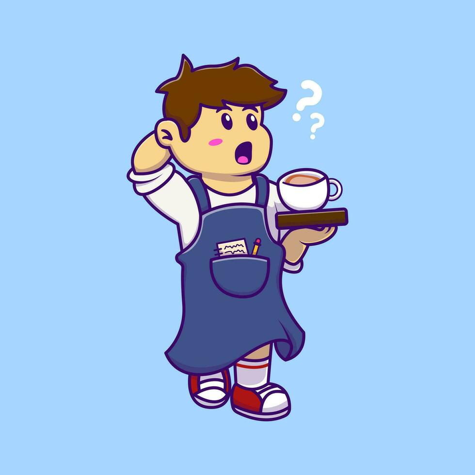 Cute Waitress Boy Holding Coffe Cup Cartoon Vector Icons Illustration. Flat Cartoon Concept. Suitable for any creative project.