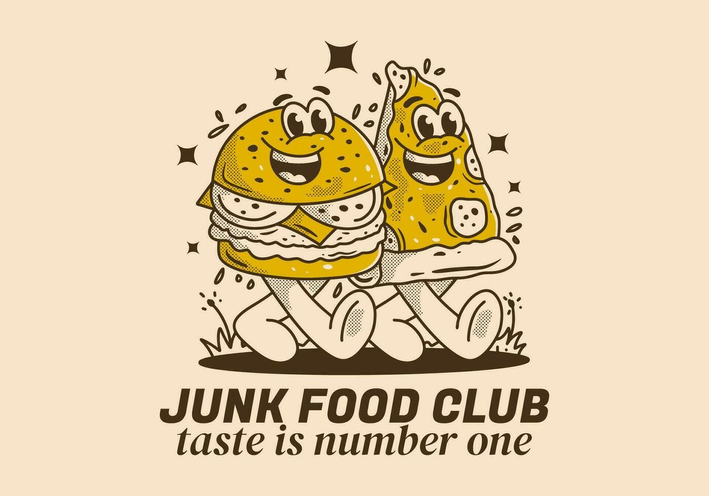 Junk Food club, taste is number one. Character illustration of walking burger and pizza vector